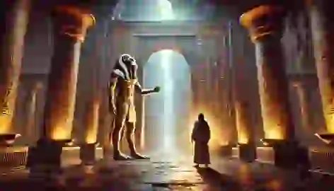 Akhen stands before Hapi, the baboon-headed god, as he crosses one of the final gates in the Duat under a mystical glow.