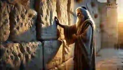 Ahasuerus places his hand on the Western Wall in Jerusalem, bathed in sunset light.