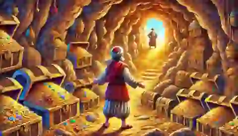 Ali Baba discovering the treasure cave of the forty thieves.