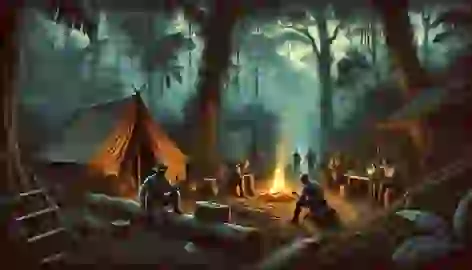 Explorers gather around a campfire in a small clearing, their tents surrounded by towering trees in the jungle