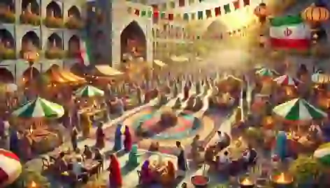 A Persian market decorated for Nowruz with people celebrating and a Haft-Seen table at the center of the scene.