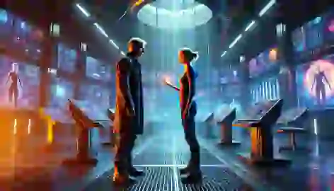 Tris confronts Jeanine in a futuristic laboratory filled with technology, symbolizing the resistance against Erudite.