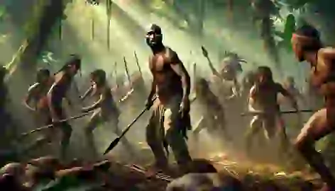 Tupac leads his tribe in defense against a rival tribe, wielding a spear amidst the jungle battle.