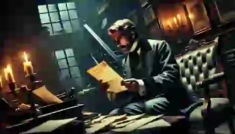 Mr. Utterson reads Dr. Jekyll’s confession letter in a dimly lit, cluttered study.