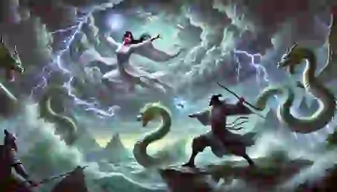 Bai Suzhen and Xiaoqing face Fa Hai in an epic magical battle as lightning crackles in the dark sky.