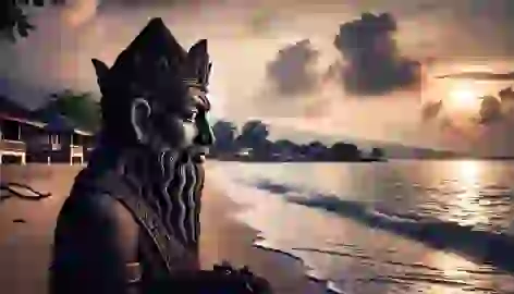 The stone figure of Malin Kundang on the beach at sunset, with waves lapping the shore and mountains in the distance.