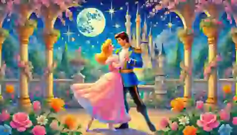 Cinderella and the Prince dance under the stars in the palace garden.