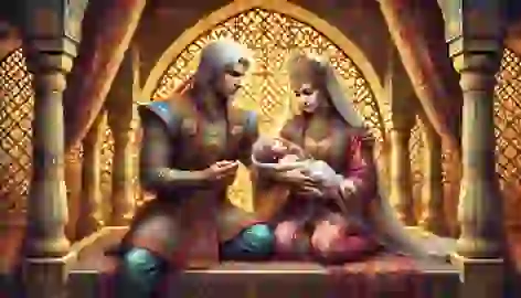 Zal and Rudaba gaze lovingly at their newborn son Rostam inside a richly decorated Persian palace.