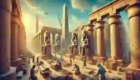 Expansion of Karnak Temple with workers and statues during a Pharaoh