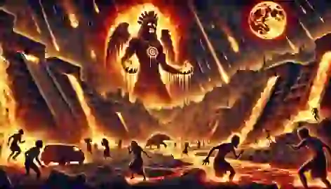 Tlaloc unleashing burning rain, people fleeing as flames and lava consume the earth during the third sun