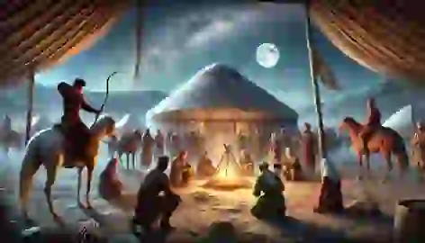 A Kazakh nomadic camp under moonlight; travelers demonstrate skills to the Tarlyk clan near yurts and campfires.