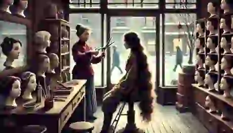 Della stands in a hair shop, her long hair ready to be cut by a stern woman holding scissors.