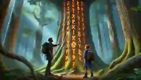 A massive oak tree with glowing runes surrounded by dense forest; two figures examine the markings with curiosity.