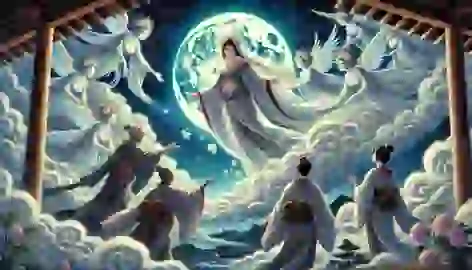 Kaguya-hime ascends toward the Moon with luminous beings, while her earthly parents bid her a sorrowful farewell.