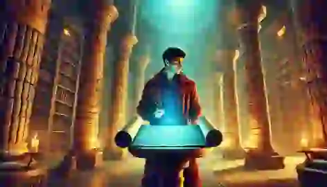 Rostam reads a scroll on a pedestal in a grand room filled with ancient books and magical glowing runes.