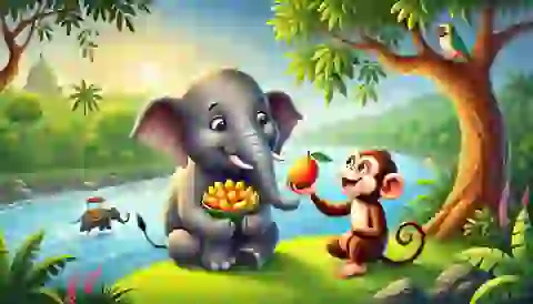 Generous elephant and a monkey sharing fruits by the Ganges River.