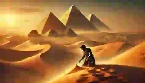 Santiago digs in the sand at the base of the pyramids in Egypt, determined to uncover the treasure.