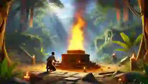 Mateo lights the sacred fire at the heart of the jungle, with Marisol