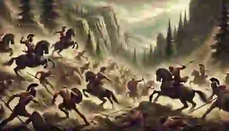 A wild battle scene between centaurs and Lapith warriors in a rugged, mountainous landscape, filled with dust and chaos.