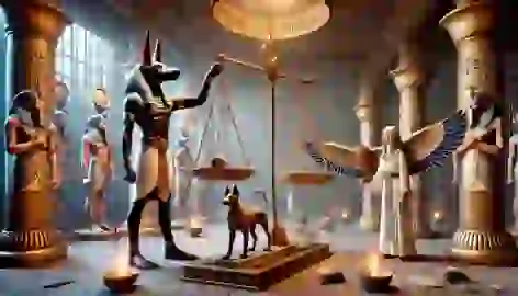 The Weighing of the Heart ceremony with Anubis, Thoth, and the deceased