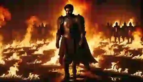 King Rostam walks through a field of fire, surrounded by intense flames during the Trial of Fire, determined yet in pain.