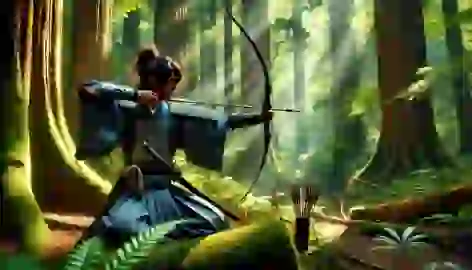 Haruto trains with his bow and sword in a sunlit forest, honing his skills for the battle ahead.