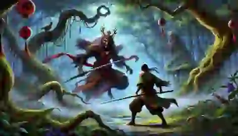 Kenta faces a Tengu in a mystical forest clearing, sword drawn, ready for a dangerous battle.