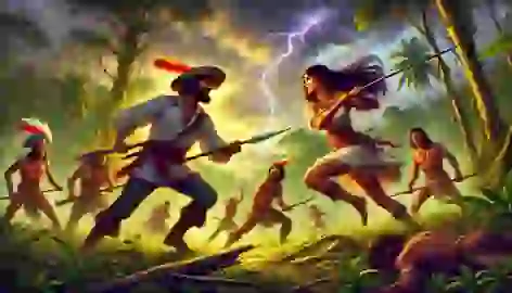 Yara, the leader of the Icamiabas, battles Rodrigo de Escobar in a jungle clearing during a thunderstorm.