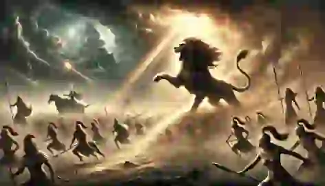 Bastet in lioness form leads her armies against Set’s forces in a chaotic battle under Ra