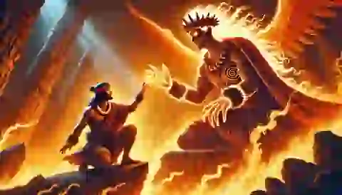 Maui receives the essence of fire from Mahuika, the goddess of fire.