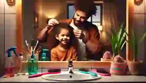 Zuri sits in front of a bathroom mirror as her dad carefully braids her hair.