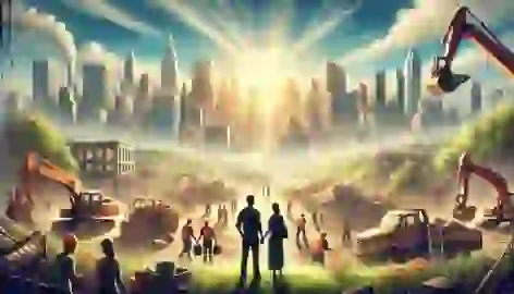 Citizens rebuild the city of Metropolis after a battle, with the skyline in the background and a couple standing in the foreground.