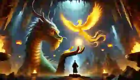 The Jade Dragon and Golden Phoenix combine powers in a dark cavern, with Lian watching.