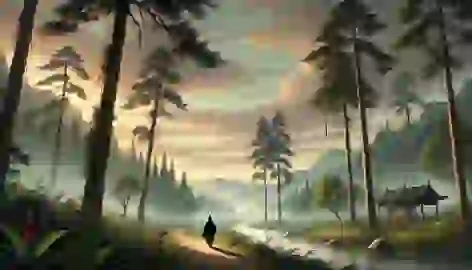  Lin Wei, older and wiser, walks toward his village at sunset, with the Red Chamber fading into the distance.