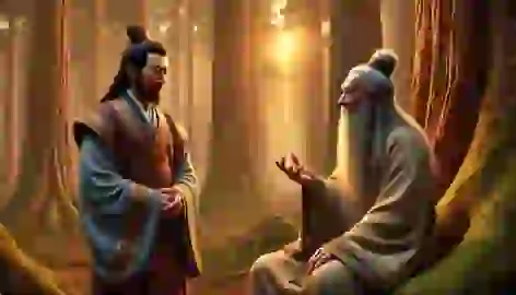 Emperor Zhao consults with an elderly hermit in a quiet forest clearing at dusk.