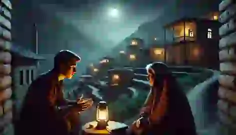 A nighttime village scene with a historian sharing his findings with an elderly woman by lantern light.