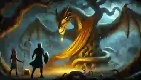 Jason cautiously reaches for the glowing Golden Fleece, guarded by a dragon in a dark and eerie sacred grove