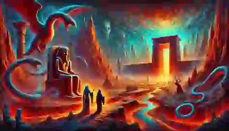 The underworld of Duat with fiery rivers, jagged terrain, and the scribe glowing as he walks beside the priestess.