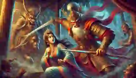 King Gesar rescuing Princess Brugmo from the demon fortress