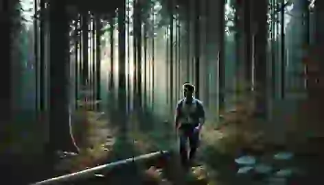 A man walking through a dense forest at twilight, with tall trees and long shadows surrounding him.