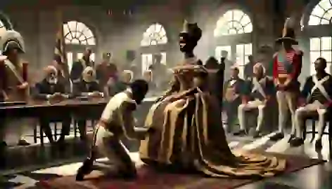 Queen Nzinga seated on her servant during diplomatic negotiations with surprised Portuguese officials.