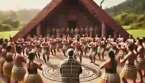 A Māori tribe performing a ceremonial haka at a marae, with wooden carvings and traditional clothing.