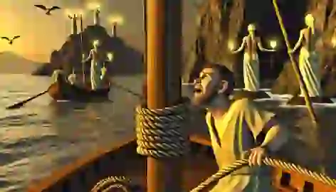 Odysseus is tied to the mast of his ship, struggling against the seductive song of the Sirens while his crew rows on.