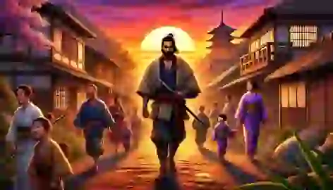 Kenta walks through his peaceful village at sunset, surrounded by smiling villagers, as peace is restored.