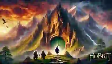 Bilbo and the dwarves stand before the secret entrance to the Lonely Mountain, revealed by the light of Durin