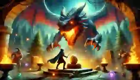 A young wizard faces a massive dragon in a magical arena, preparing to retrieve a golden egg from the dragon’s nest.