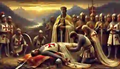 Charlemagne mourning Roland and his knights, ordering their honorable return.