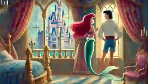 Ariel with legs, wearing fine clothes, standing in Prince Eric