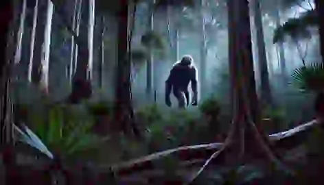 The Yowie walks silently through the dense Australian forest at dusk, its glowing eyes blending with the shadows of the trees.