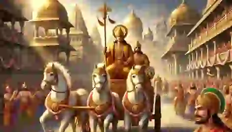 Phra Ram and Phra Lak return to Ayodhya in a golden chariot, greeted by cheering crowds and golden palace spires.